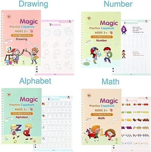 Sank Magic Practice Copybook Set – 4 Books + 1 Pen + 1 Grip + 10 Refills | Reusable Handwriting Workbook for Kids