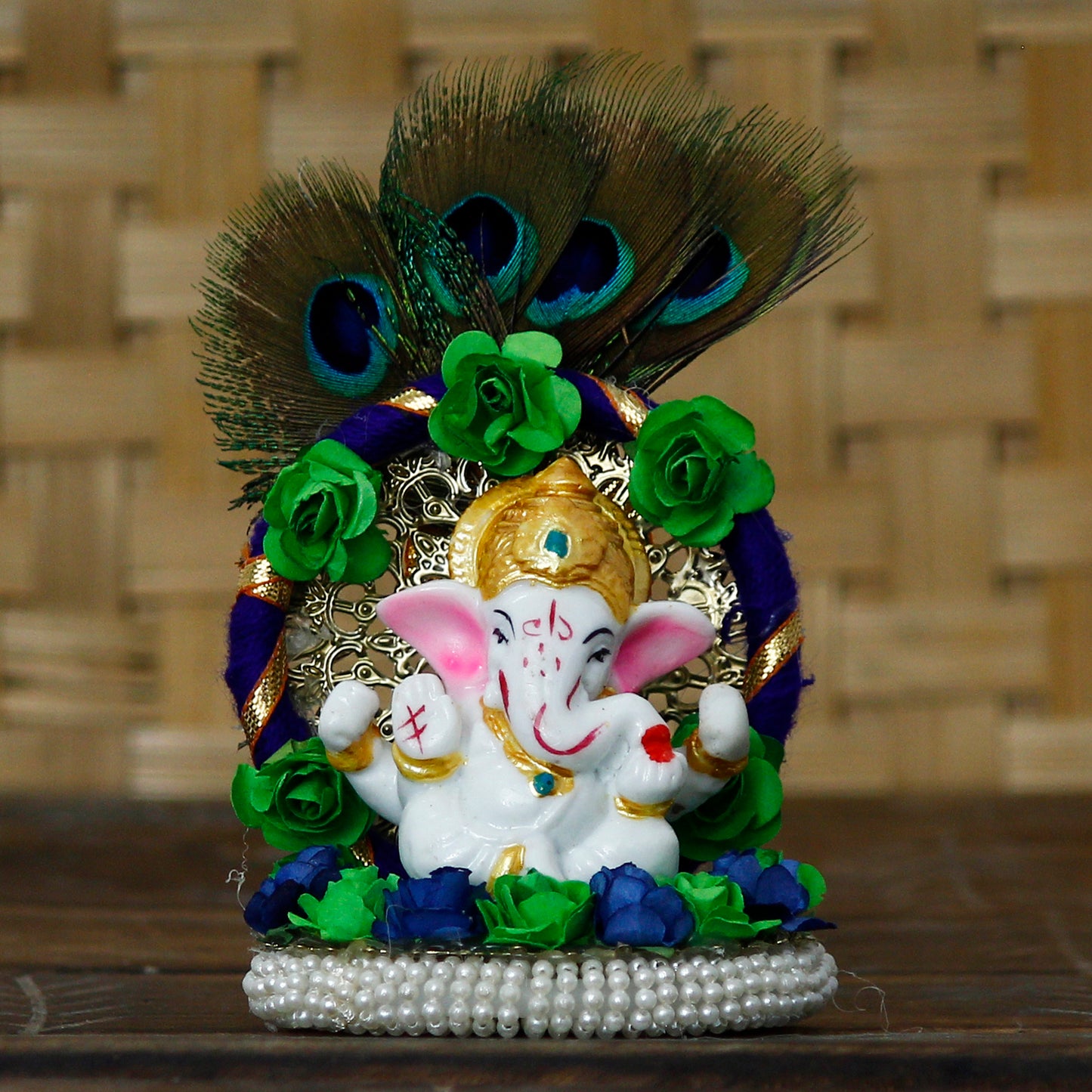 Elegant Lord Ganesha Idol on Handcrafted Floral Plate with Peacock Feather – Perfect for Home & Car Décor