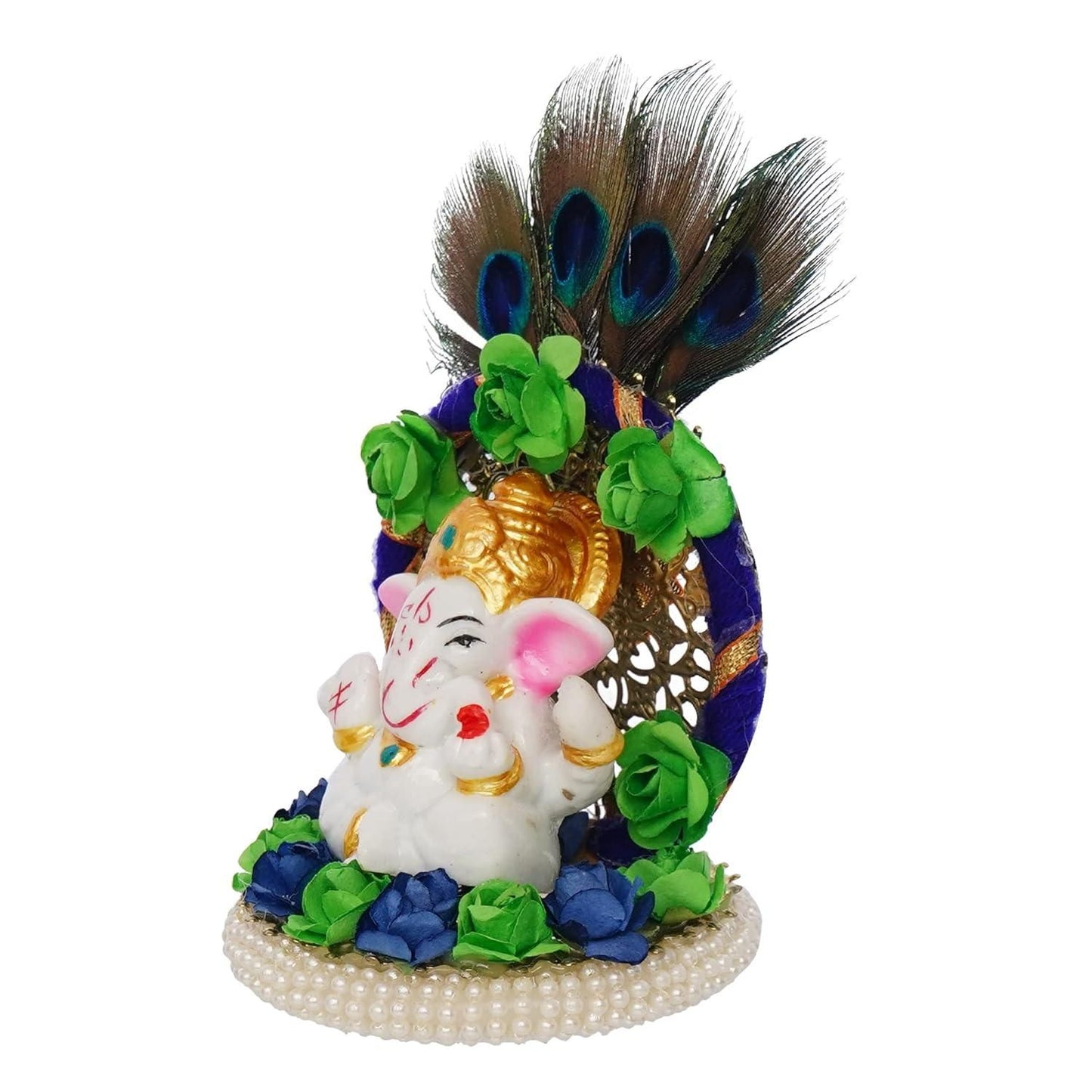 Elegant Lord Ganesha Idol on Handcrafted Floral Plate with Peacock Feather – Perfect for Home & Car Décor
