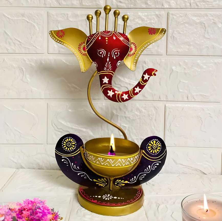 Intricately Designed Lord Ganesha Metal Tealight Candle Holder – Elegant Spiritual Home Décor