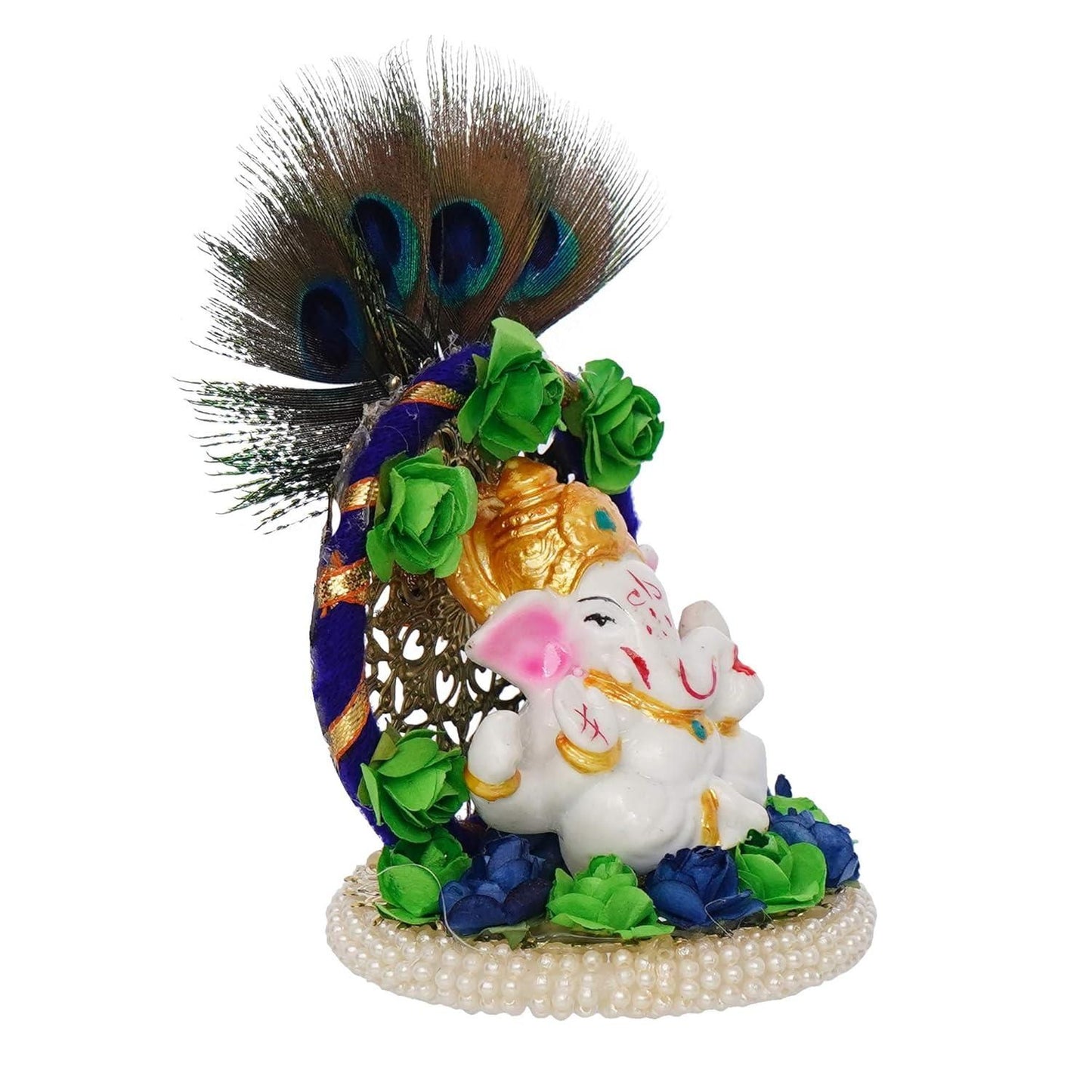 Elegant Lord Ganesha Idol on Handcrafted Floral Plate with Peacock Feather – Perfect for Home & Car Décor