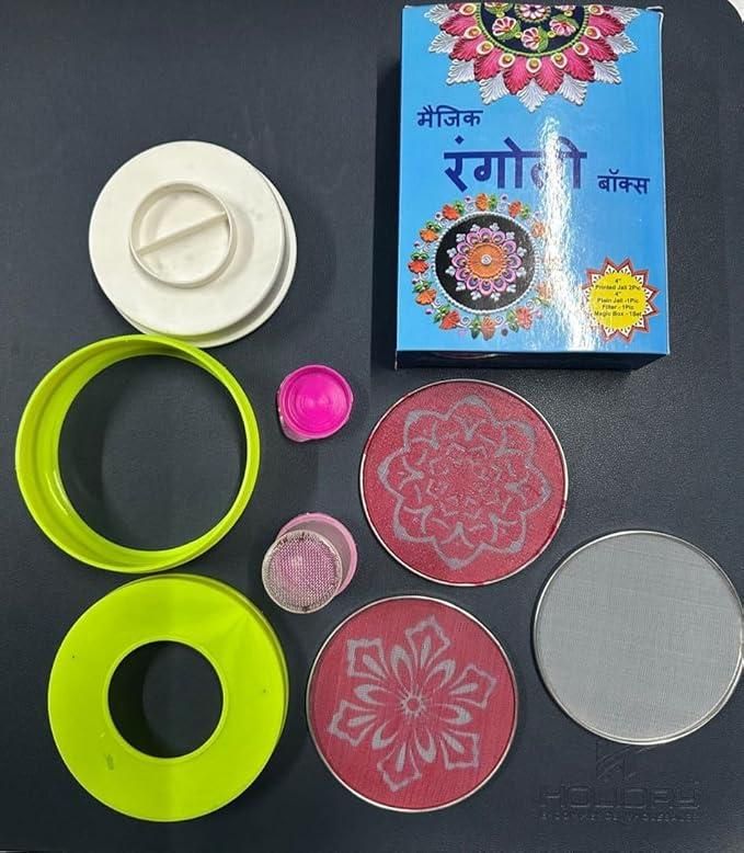 Magic Rangoli Making Kit – Includes 1 Rangoli Filler, 3 Jali Designs & Magic Tool (4-inch) for Easy Festive Decoration