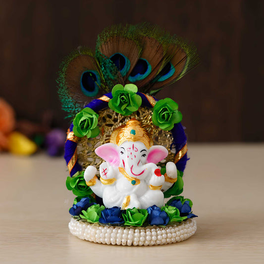 Elegant Lord Ganesha Idol on Handcrafted Floral Plate with Peacock Feather – Perfect for Home & Car Décor
