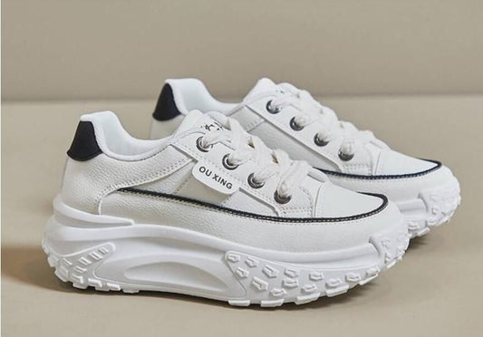 Women’s Fashion Sneakers – Solid White PU Leather Lace-Up Shoes for Casual Wear