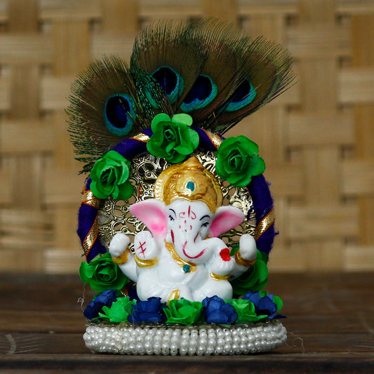 Elegant Lord Ganesha Idol on Handcrafted Floral Plate with Peacock Feather – Perfect for Home & Car Décor