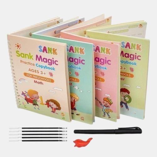 Sank Magic Practice Copybook Set – 4 Books + 1 Pen + 1 Grip + 10 Refills | Reusable Handwriting Workbook for Kids