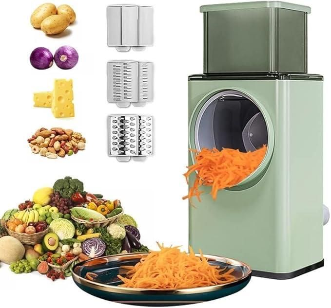 Manual Rotary Vegetable Grater & Slicer – Multifunctional Drum Cutter with 3 Stainless Steel Blades for Effortless Kitchen Prep