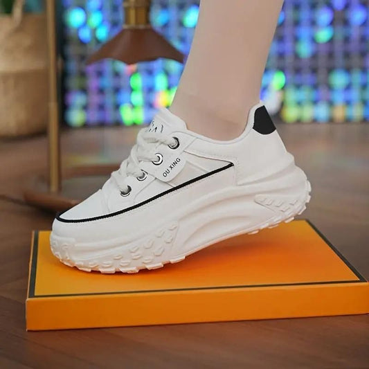 Women’s Fashion Sneakers – Solid White PU Leather Lace-Up Shoes for Casual Wear