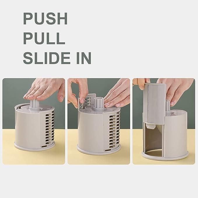 Manual Rotary Vegetable Grater & Slicer – Multifunctional Drum Cutter with 3 Stainless Steel Blades for Effortless Kitchen Prep