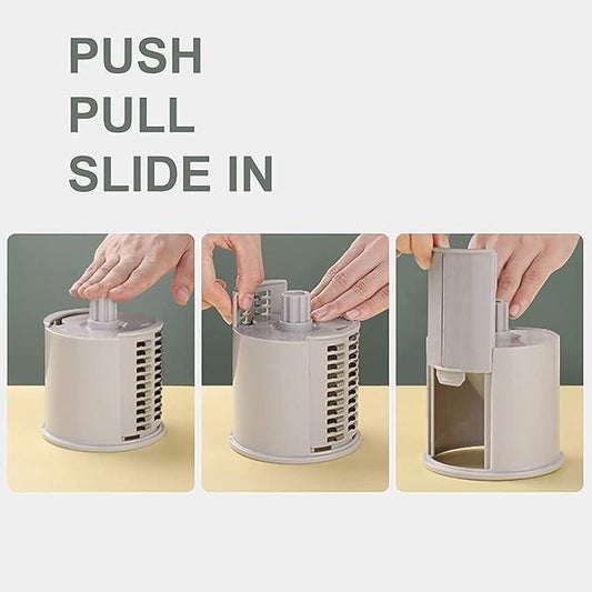 Manual Rotary Vegetable Grater & Slicer – Multifunctional Drum Cutter with 3 Stainless Steel Blades for Effortless Kitchen Prep