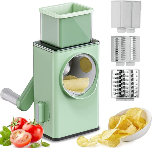 Manual Rotary Vegetable Grater & Slicer – Multifunctional Drum Cutter with 3 Stainless Steel Blades for Effortless Kitchen Prep
