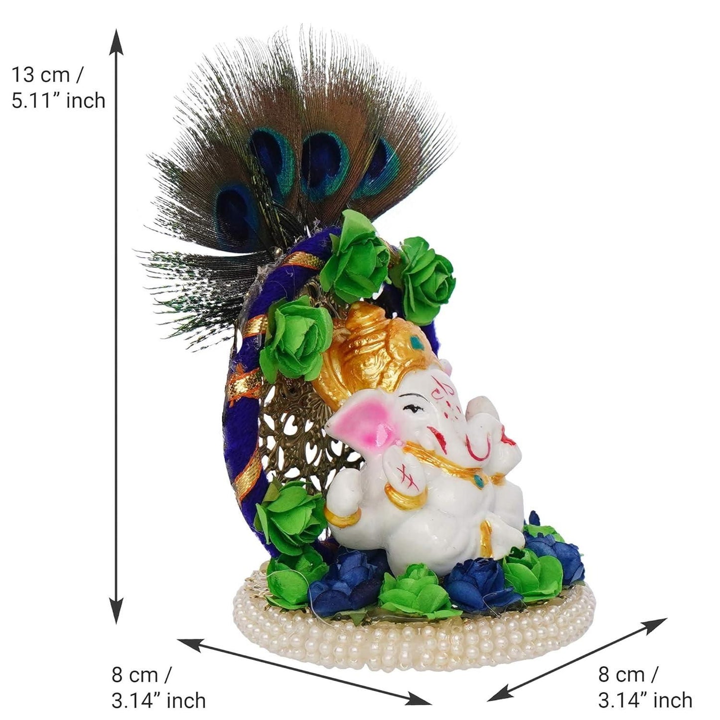 Elegant Lord Ganesha Idol on Handcrafted Floral Plate with Peacock Feather – Perfect for Home & Car Décor